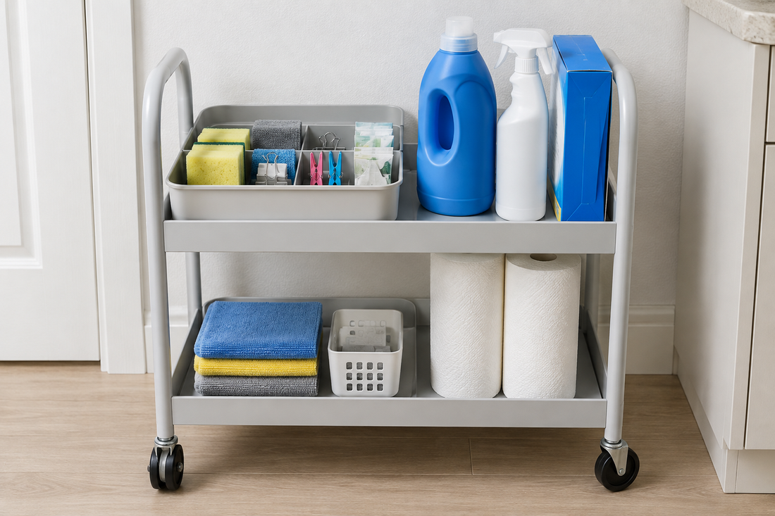 Rolling storage cart shelf with a shallow container holding small sponges clips and packets beside larger cleaning bottles and a box with clear separation between groups