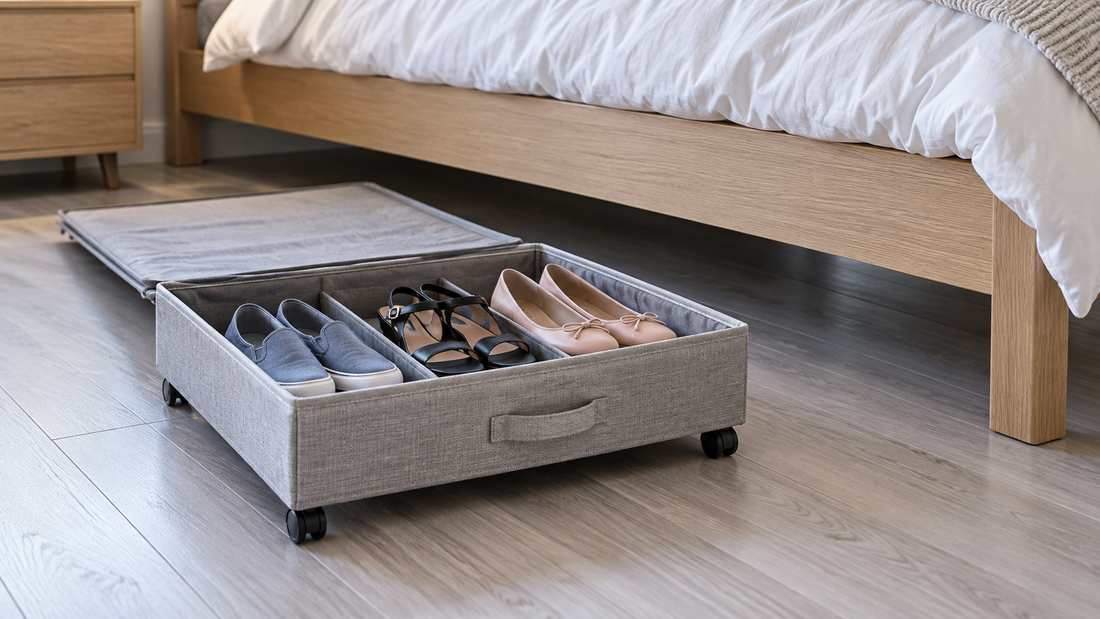 An open wheeled shoe container holds three pairs beside an oak bed, showing caster height, under-bed clearance, and pull-out space.
