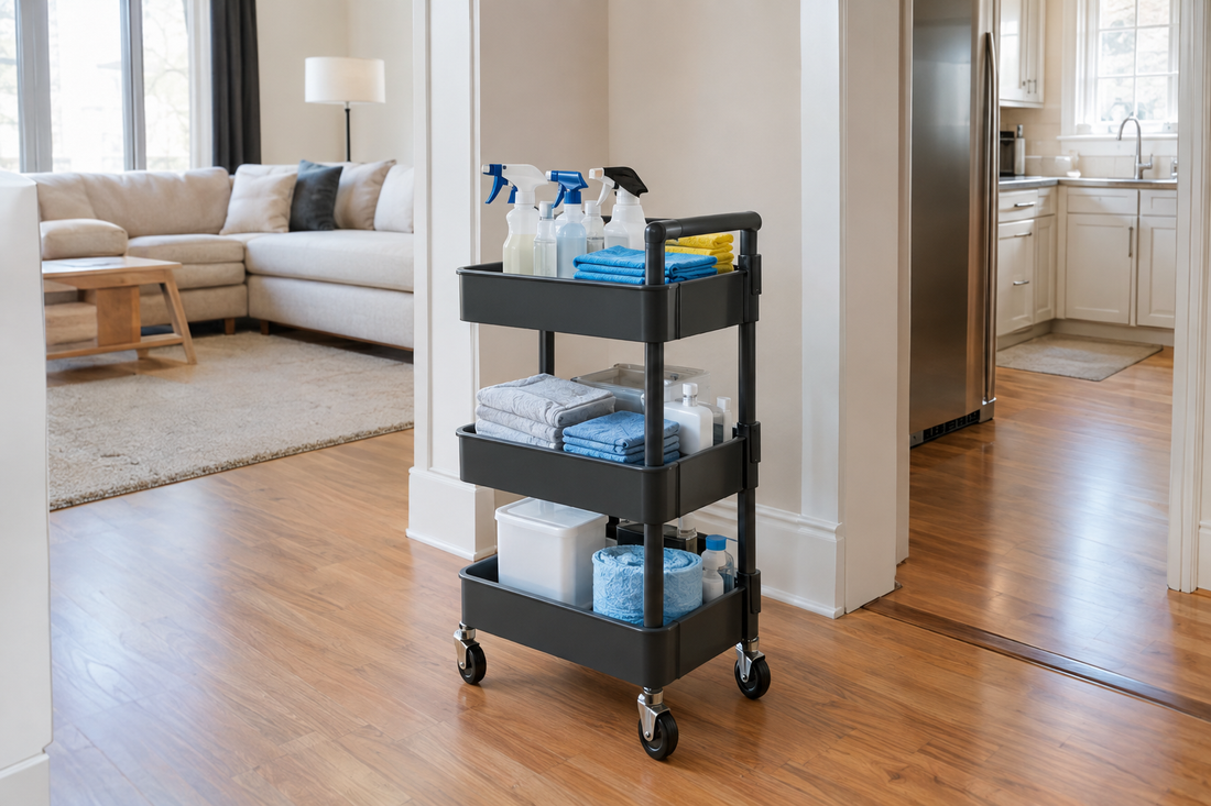 Rolling utility cart with cleaning cloths spray bottles and small supplies organized on shelves parked in a hallway between rooms ready to move to the next area