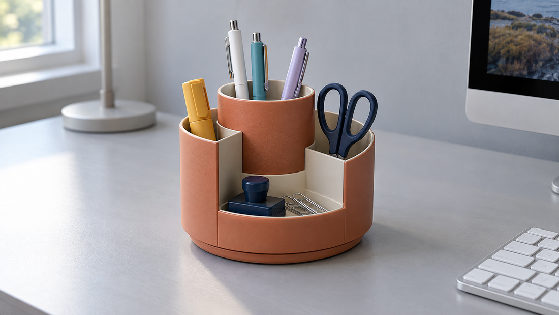 Terracotta rotating desk organizer holding pens, scissors, and small supplies, with clear space around its base beside a monitor and keyboard.
