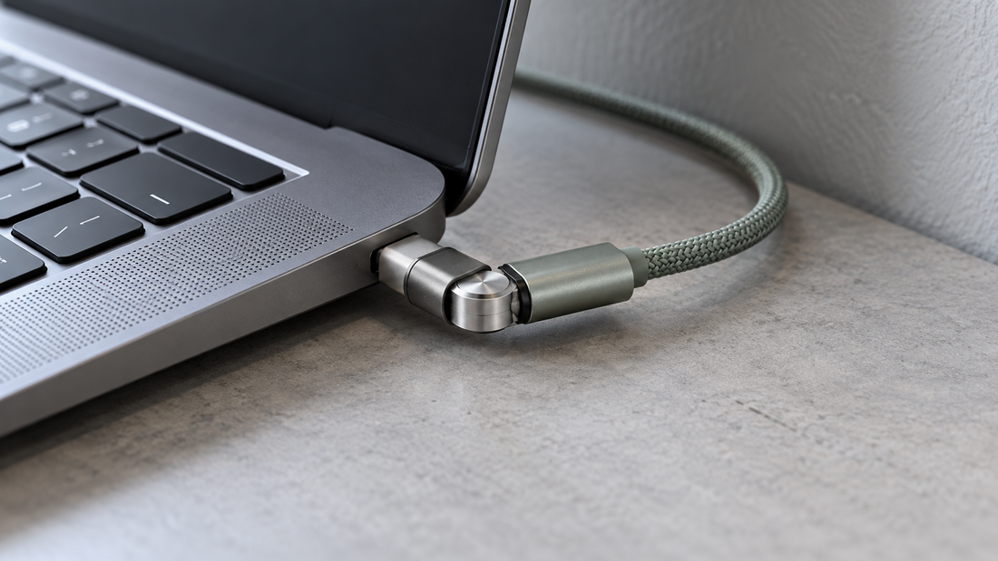Illustrative rotating USB-C adapter attached to a laptop, with a sage braided cable and clear space around the connection.
