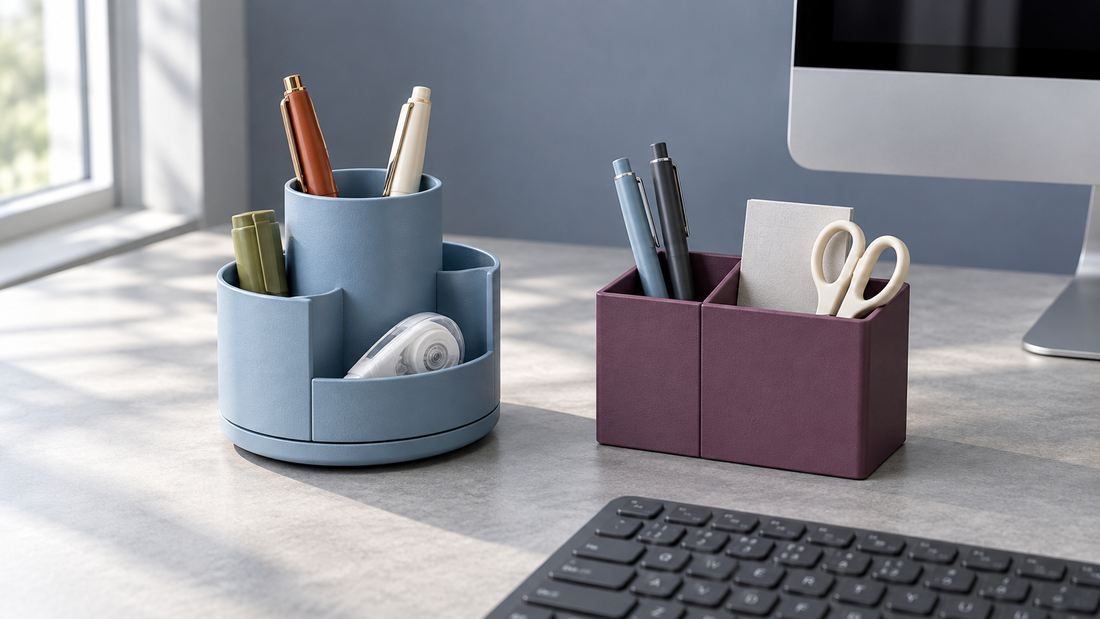 Blue rotating desk organizer beside a plum two-compartment fixed organizer, with clear space around both near a monitor and keyboard.