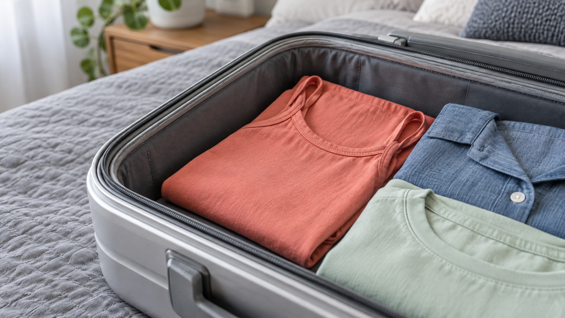 Folded coral, blue, and mint garments sit inside a silver suitcase, leaving a small gap beside its rounded interior corner.