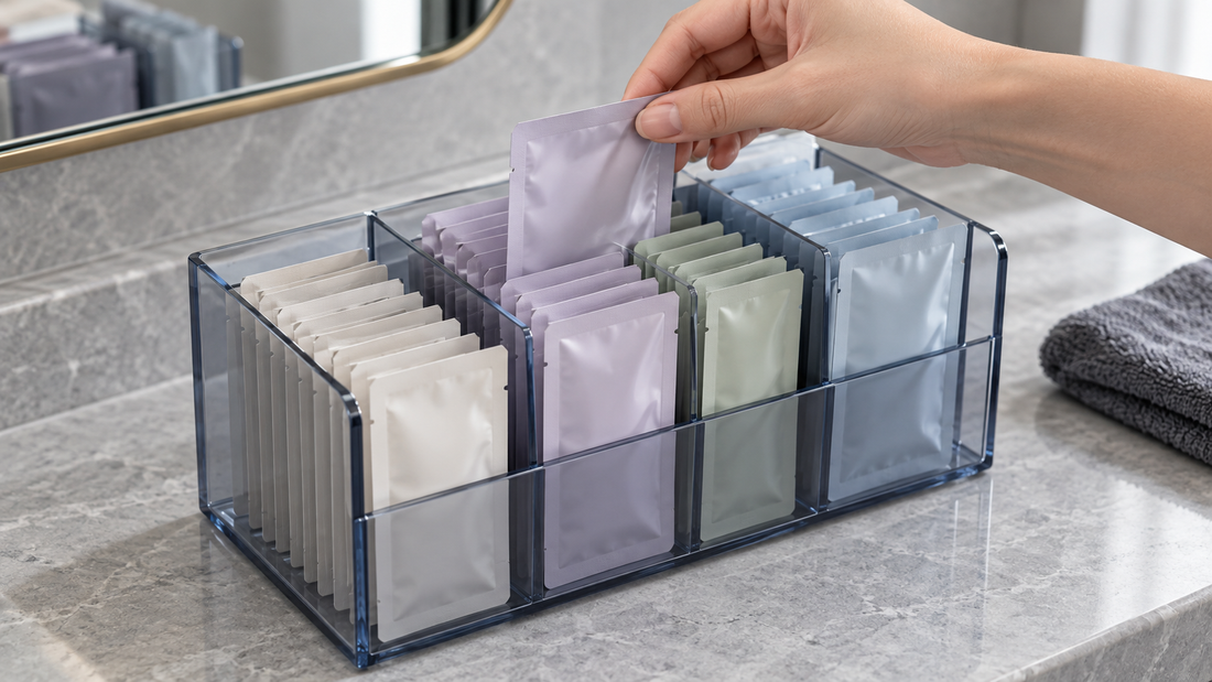 A hand lifts one sealed sheet-mask packet from a divided organizer while neighboring packets remain upright.