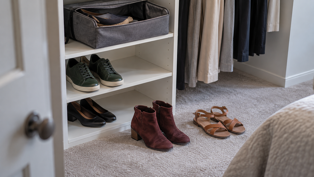 Ankle boots and sandals await a seasonal swap beside unchanged shoe shelves and an open fabric storage container.