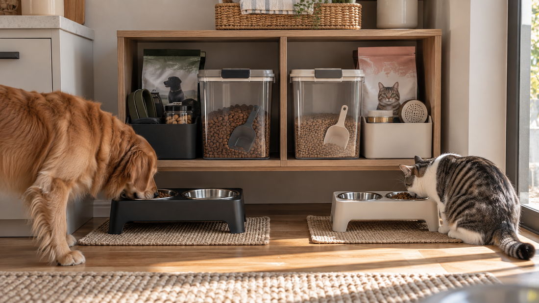 Separate pet food containers, scoops, and feeding supplies organized into distinct feeding zones for different pets.