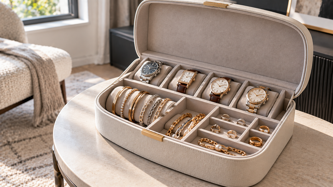 Jewelry and watch organizer with separate sections for watches and bracelets, keeping both accessory types together without mixing them in one compartment.