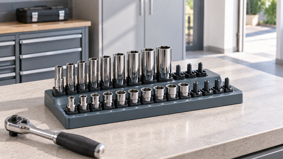 Shallow and deep socket sets arranged by size in separate rows on a two-row socket organizer for clear garage tool storage.