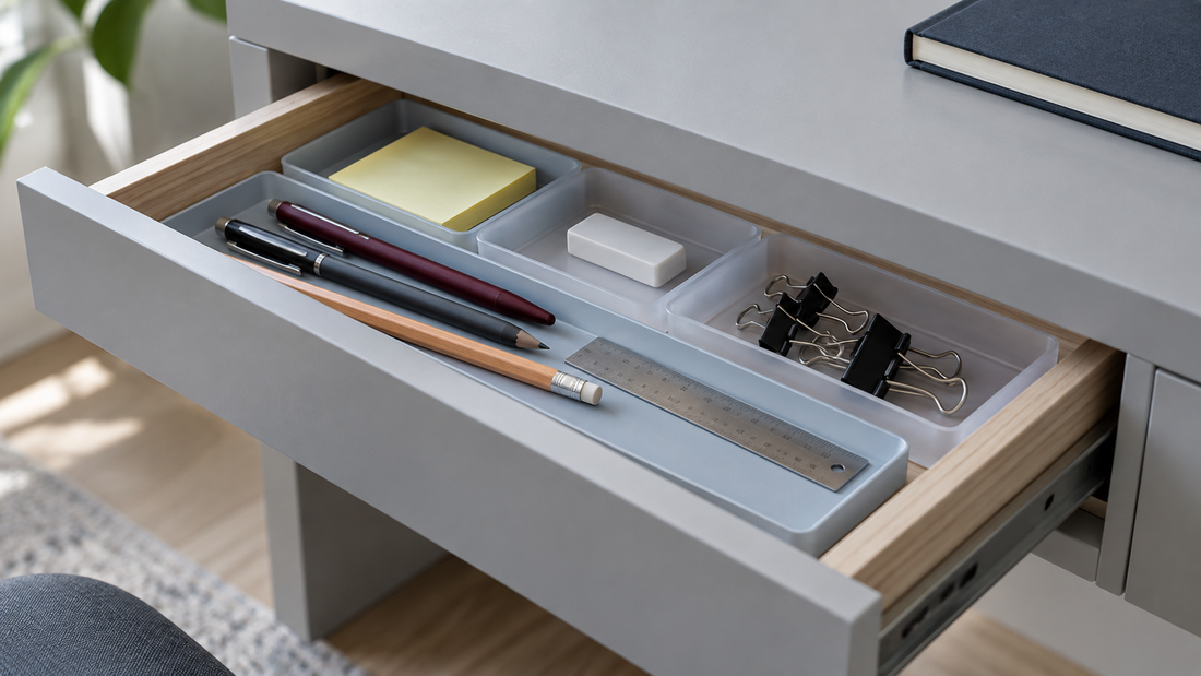 Open shallow desk drawer with low-profile trays holding pens, pencils, sticky notes, an eraser, binder clips, and a ruler.