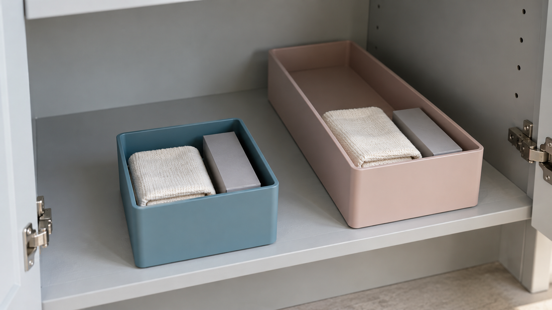 Short blue and longer clay-pink storage bins on a deep gray shelf, with unused shelf space behind the shorter bin.