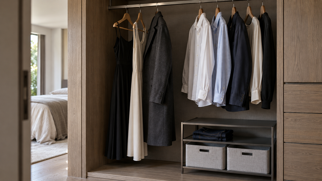 A couple’s wardrobe groups long dresses and a coat beside shorter shirts and jackets, with low storage beneath the shorter garments.