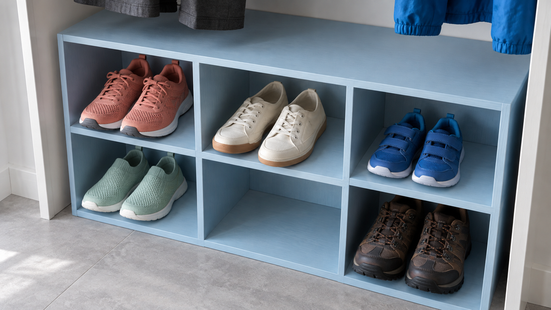 Adult and children’s sneakers occupy separate pale-blue cubbies, with heavier hiking shoes independently supported in a lower compartment.