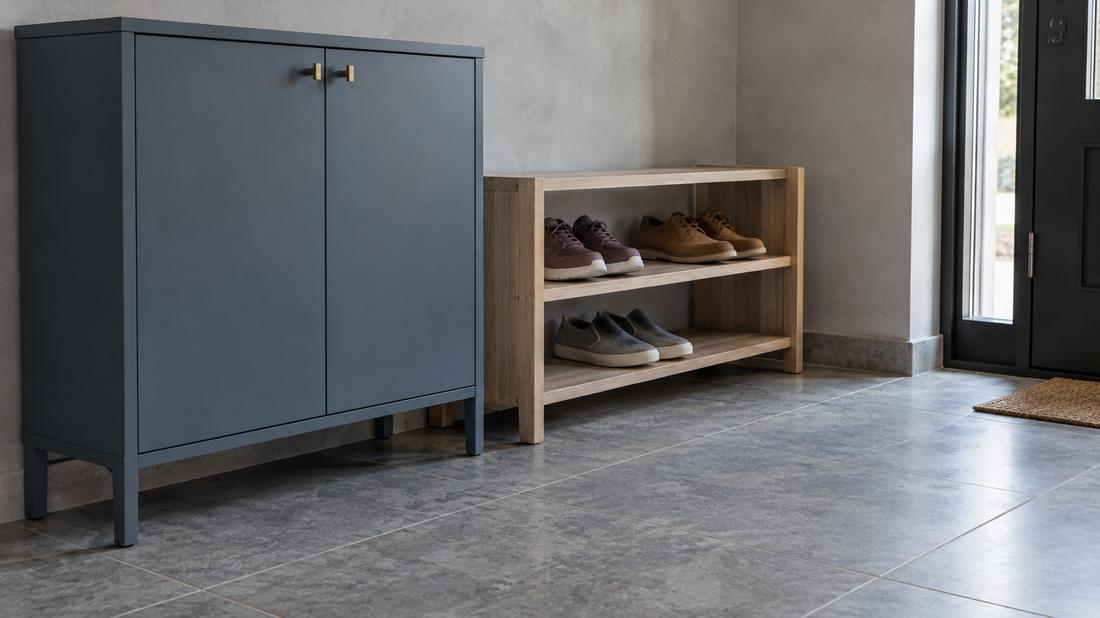 Slate-blue closed shoe cabinet beside an open wooden shoe rack holding everyday footwear in a sunlit entryway.