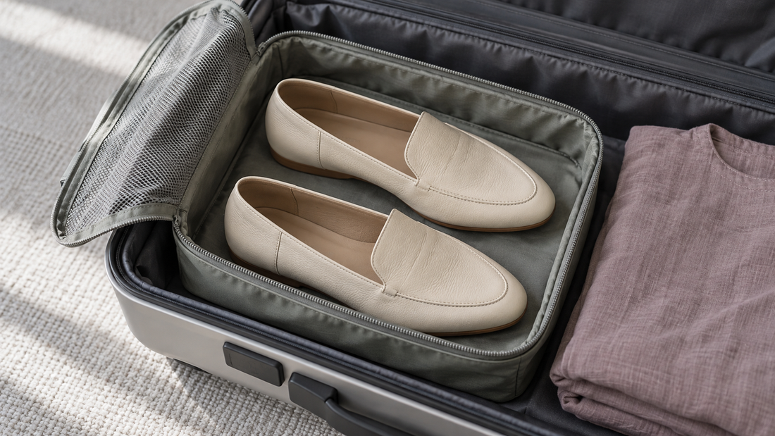 Cream loafers sit side by side inside an open packing cube, with room around the shoes and folded clothing beside it in a suitcase.