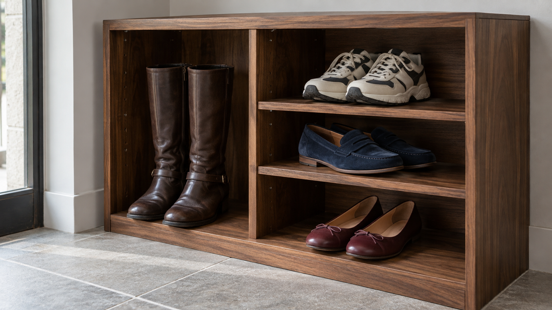 Walnut shoe cabinet with different shelf heights for leather boots, sneakers, loafers, and ballet flats.