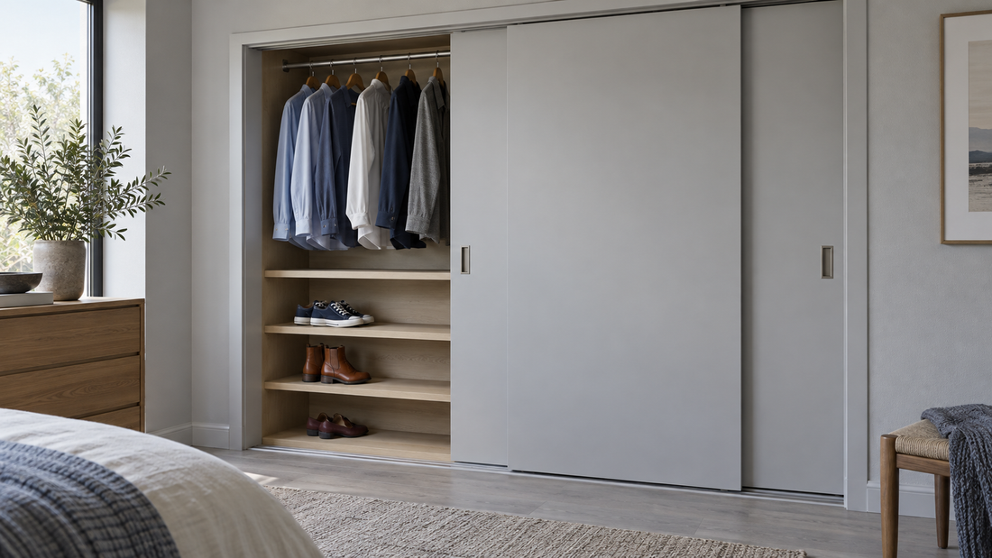 Overlapping sliding closet doors reveal accessible wooden shelves holding sneakers, ankle boots, and flats beneath hanging shirts.