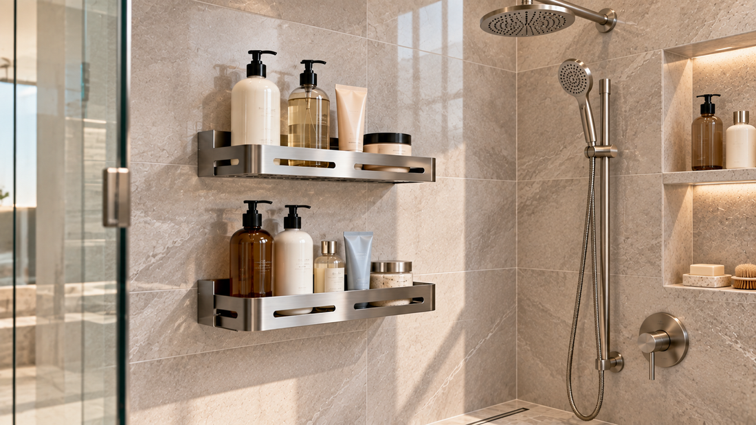 Shower organizer with spaced shelves holding bottles of different heights and sizes while keeping products visible, accessible, and off the shower floor.