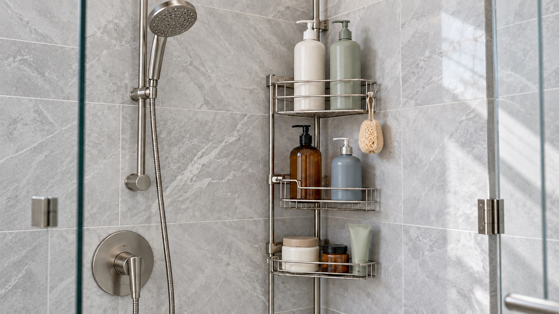 Shower caddy with staggered shelves holding pump bottles, smaller jars, and a tube against a gray tiled wall.