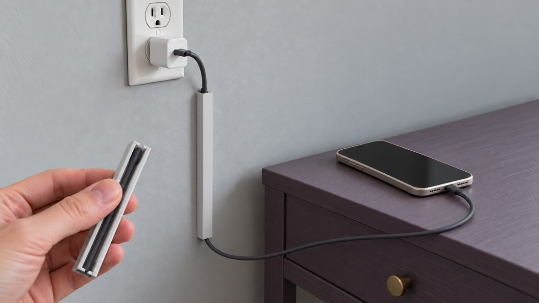 Single charging cable routed through a slim wall cover to a smartphone, with a hand holding an open channel sample.