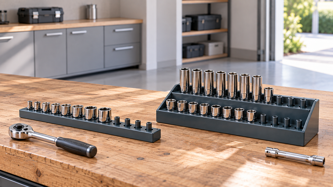Single-row socket organizer beside a multi-row organizer separating shallow and deep sockets on a bright garage workbench.