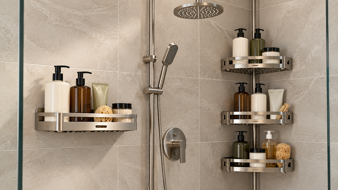 Single-tier and multi-tier shower organizers in one modern walk-in shower, comparing storage for a smaller set and several bath products.