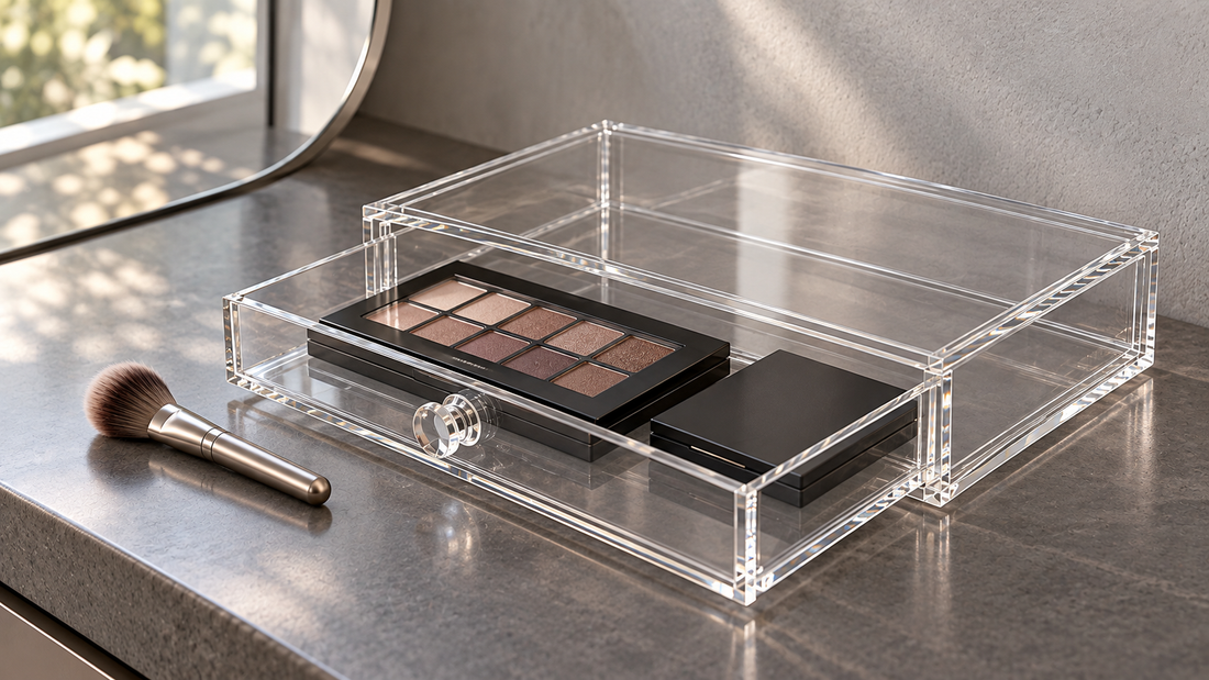 Two makeup palettes sit side by side in a slim clear acrylic drawer on a gray vanity, with space for individual removal.