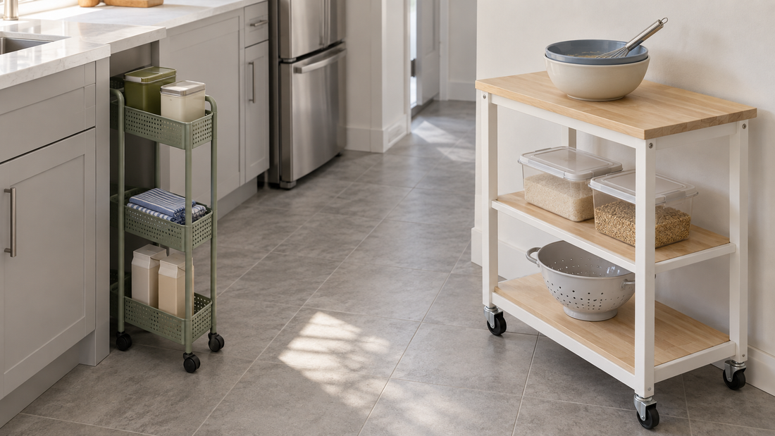 Slim sage rolling cart beside cabinetry and a wider white kitchen cart with a wood top, mixing bowls, storage containers, and a colander.