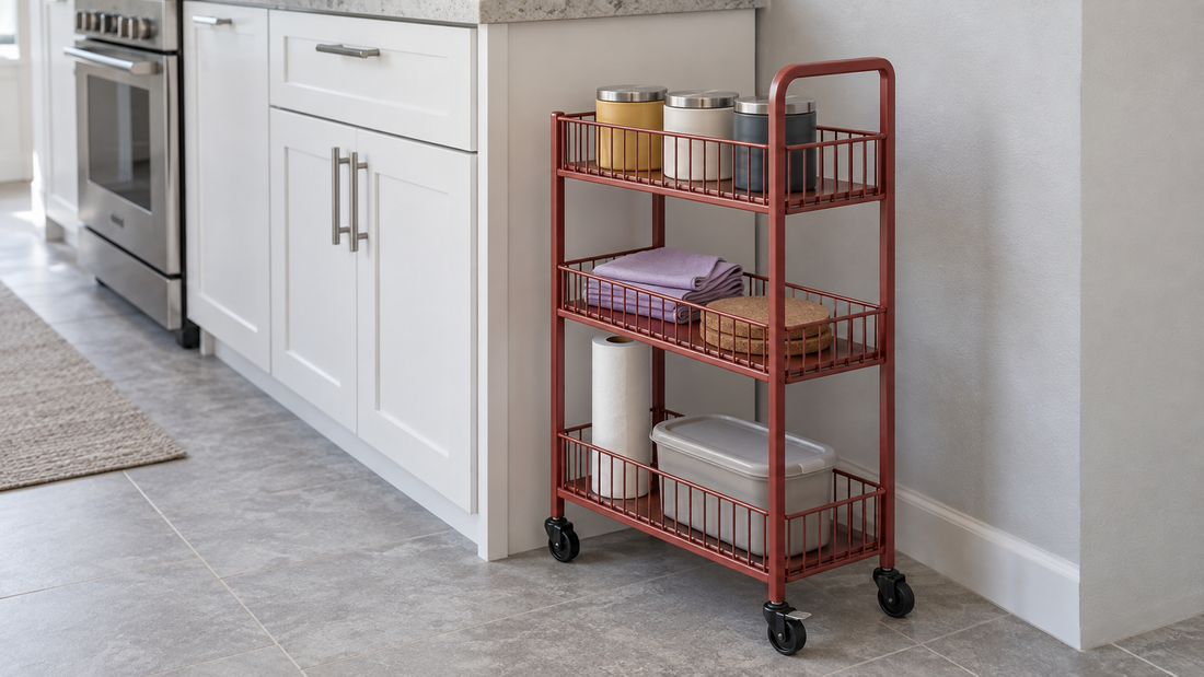 Muted red three-tier rolling kitchen cart beside white cabinetry, holding tins, folded napkins, cork trivets, and a lidded container.