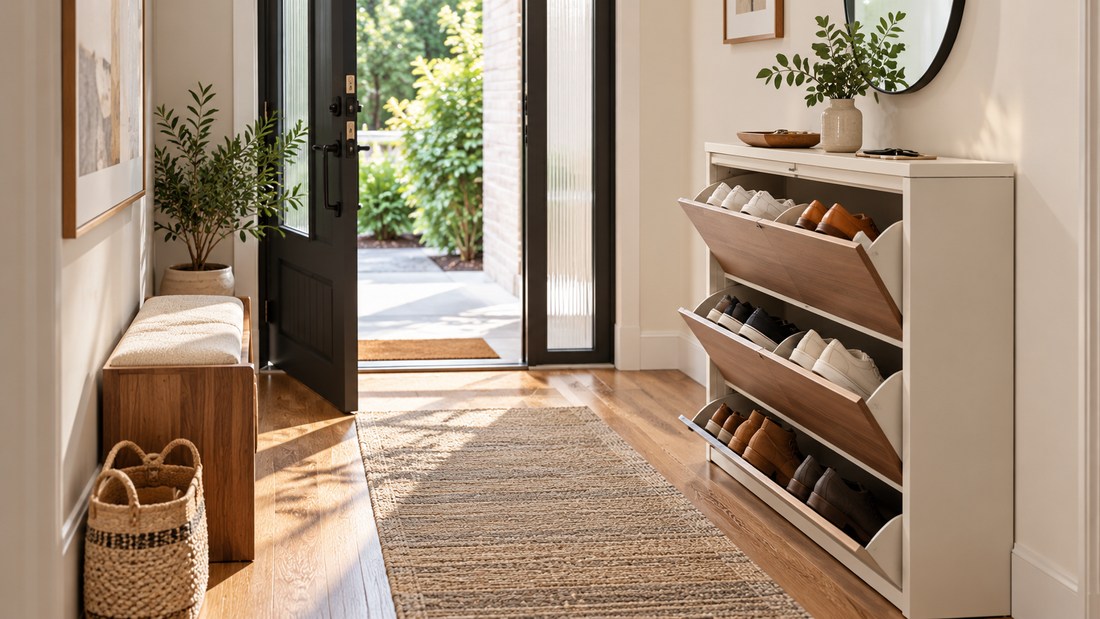 Slim tilt-out shoe cabinet storing everyday footwear along the wall while keeping the walking path clear in a bright modern entryway.