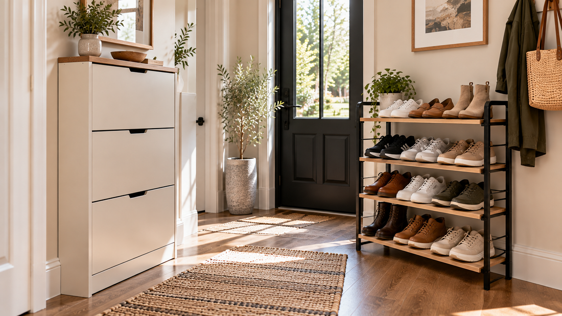 Slim enclosed shoe cabinet and open multi-tier shoe rack shown together in one narrow entryway, comparing concealed storage with direct access to everyday footwear.