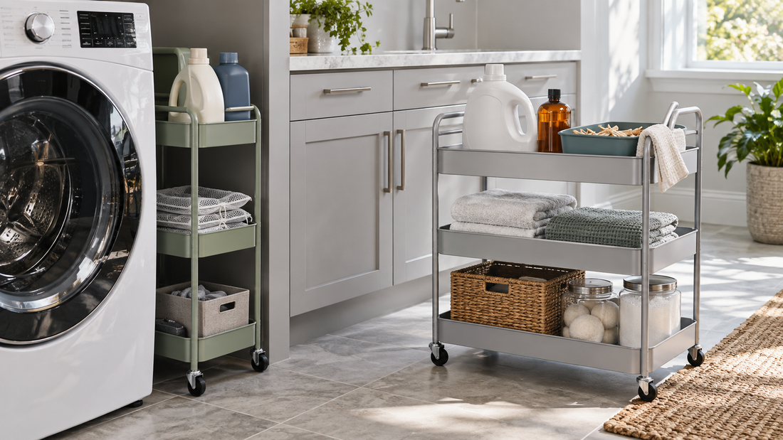 Slim green rolling laundry cart tucked beside a washer, with a wider silver cart holding detergent, towels, and laundry accessories nearby.