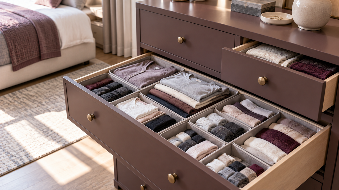 Bedroom dresser with small clothing items separated in defined compartments so they stay visible beside larger folded garments.