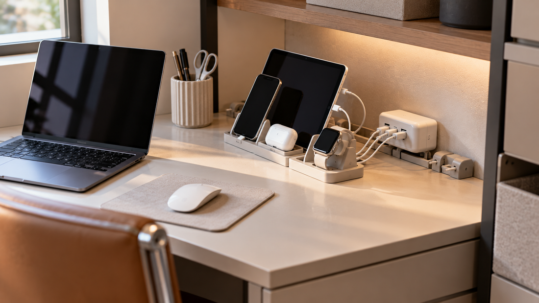 Compact charging station keeping multiple device cables contained in one defined area while preserving usable space on a small desk.