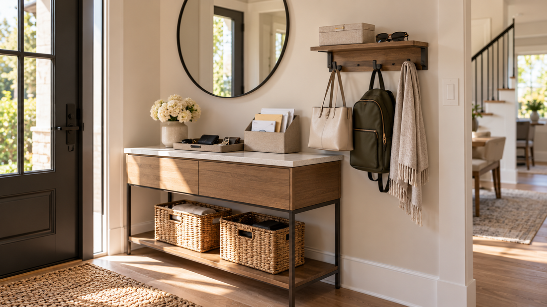 Small entryway organized with designated storage for keys, mail, bags, and everyday essentials while keeping the walkway clear.