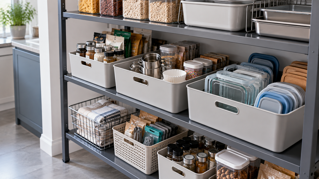 Removable storage bins grouping small kitchen supplies on deep shelving so items toward the back remain easy to reach.