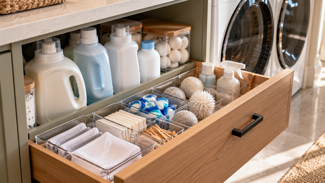 Divided laundry drawer organizers keeping dryer balls, stain-care tools, detergent pods, and small laundry accessories separate from large detergent bottles.