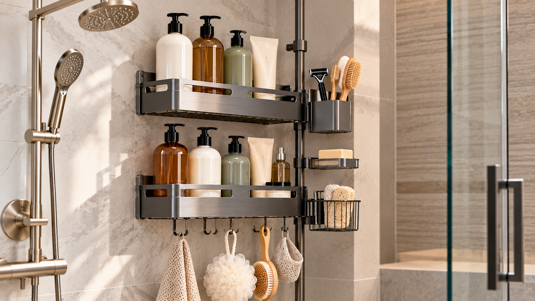 Modern shower organizer with large bottles stored on open shelves and smaller razors, brushes, soap, and bathing accessories separated in dedicated holders and hooks.