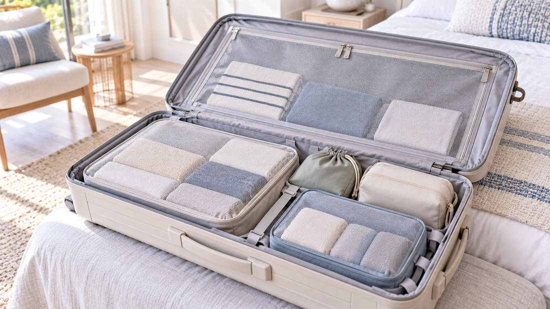 Small travel bags and packing organizers arranged in separate stable sections inside a partially packed suitcase with open space controlled between groups.