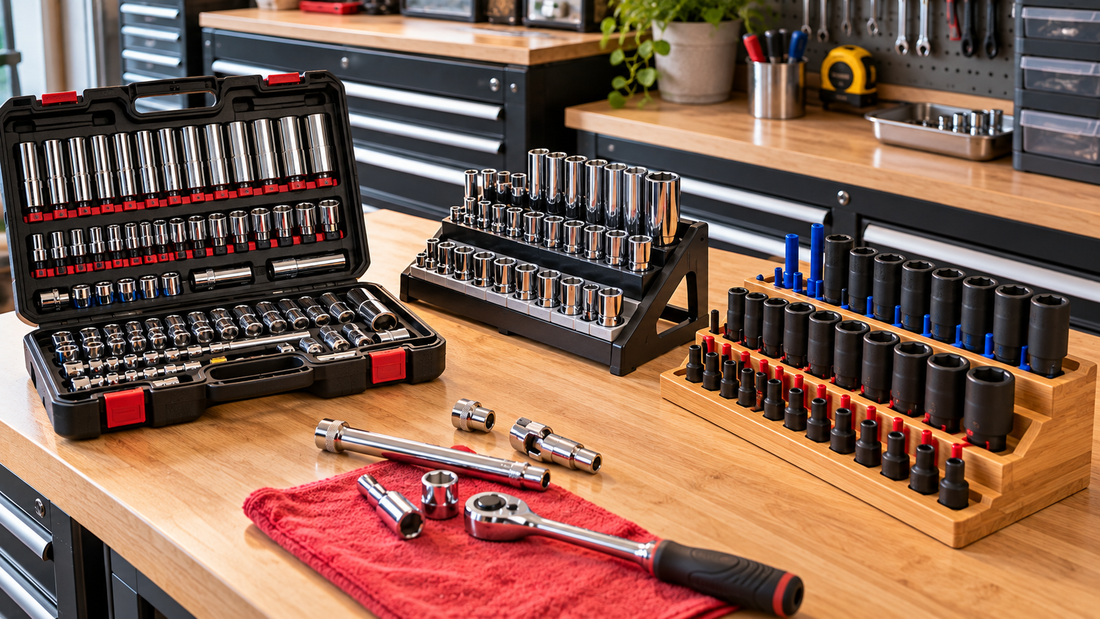 Socket organizers holding shallow and deep sockets in multiple sizes on a garage workbench for an expanding tool collection.