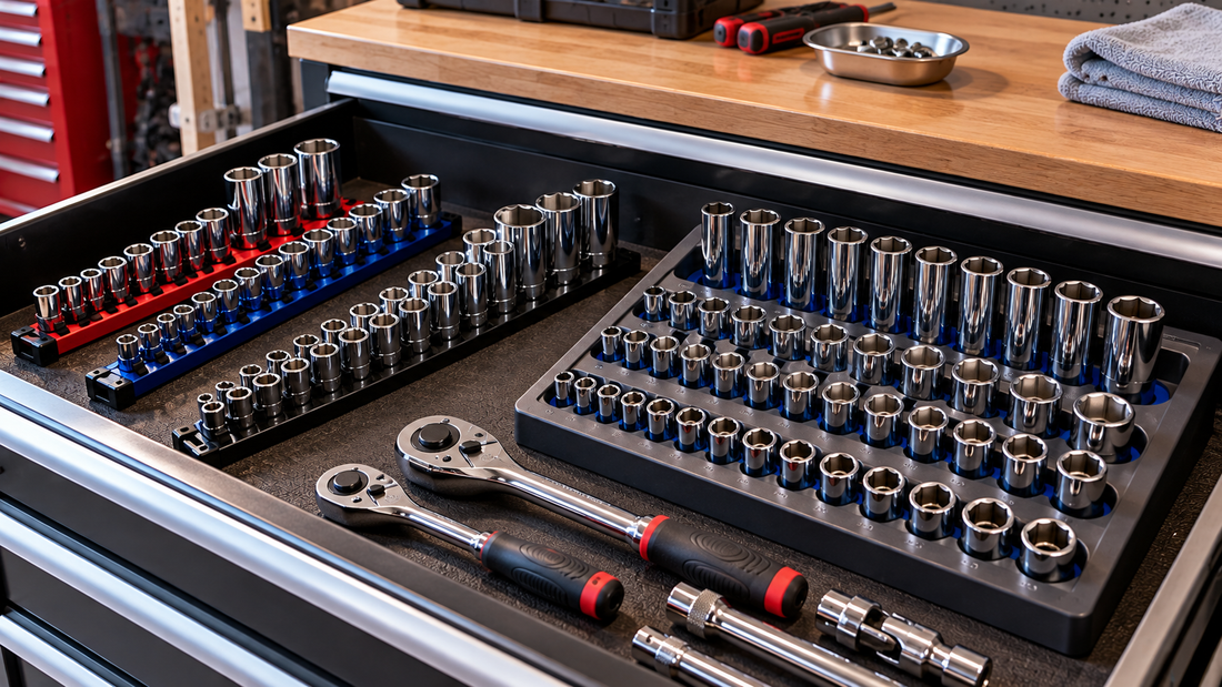 Socket rails and socket tray organizing different socket sizes inside a toolbox drawer for clear visibility and easy access.