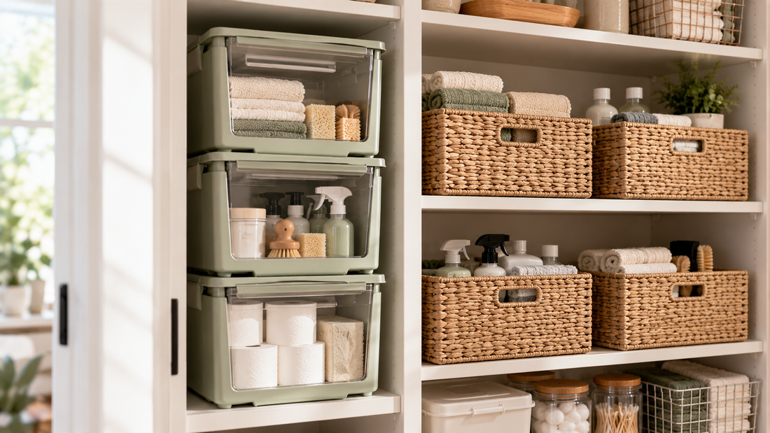 Stackable storage bins using vertical shelf space beside individual baskets that provide direct access to organized household supplies.
