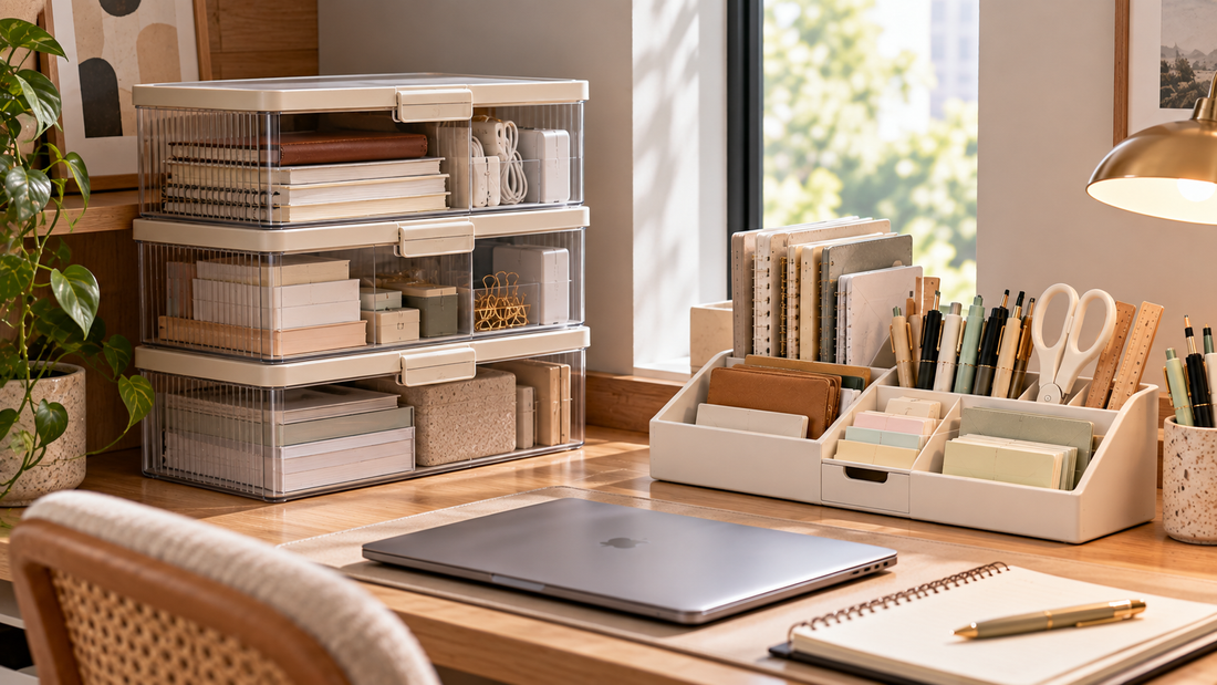 Stackable storage boxes containing office supplies vertically beside an open desk organizer keeping frequently used notebooks, pens, scissors, and stationery visible.