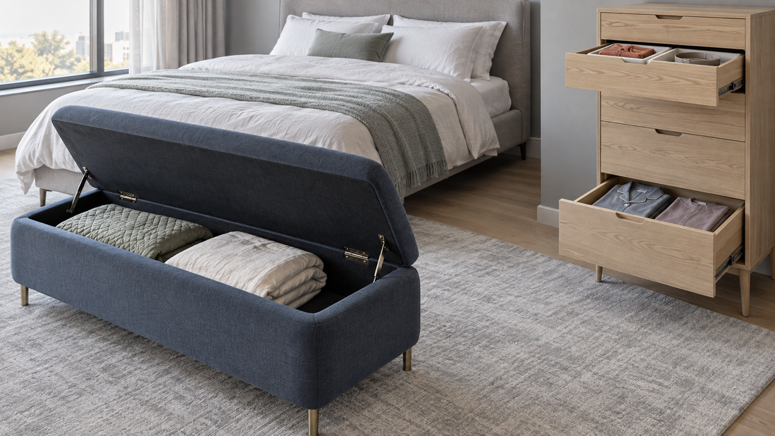 Open slate-blue storage bench holding bedding beside a light wood drawer cabinet with accessories and folded pajamas, with clear floor space between them.