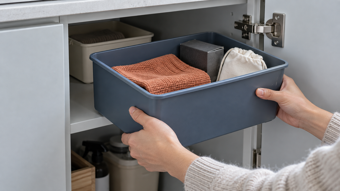 Hands removing a blue storage bin through an open cabinet doorway beside a visible hinge.