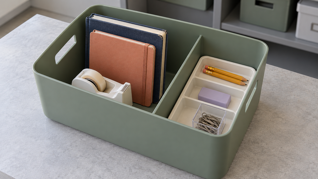 Sage green storage bin with notebooks and a tape dispenser separated from a shallow tray holding pencils, an eraser, and paper clips.