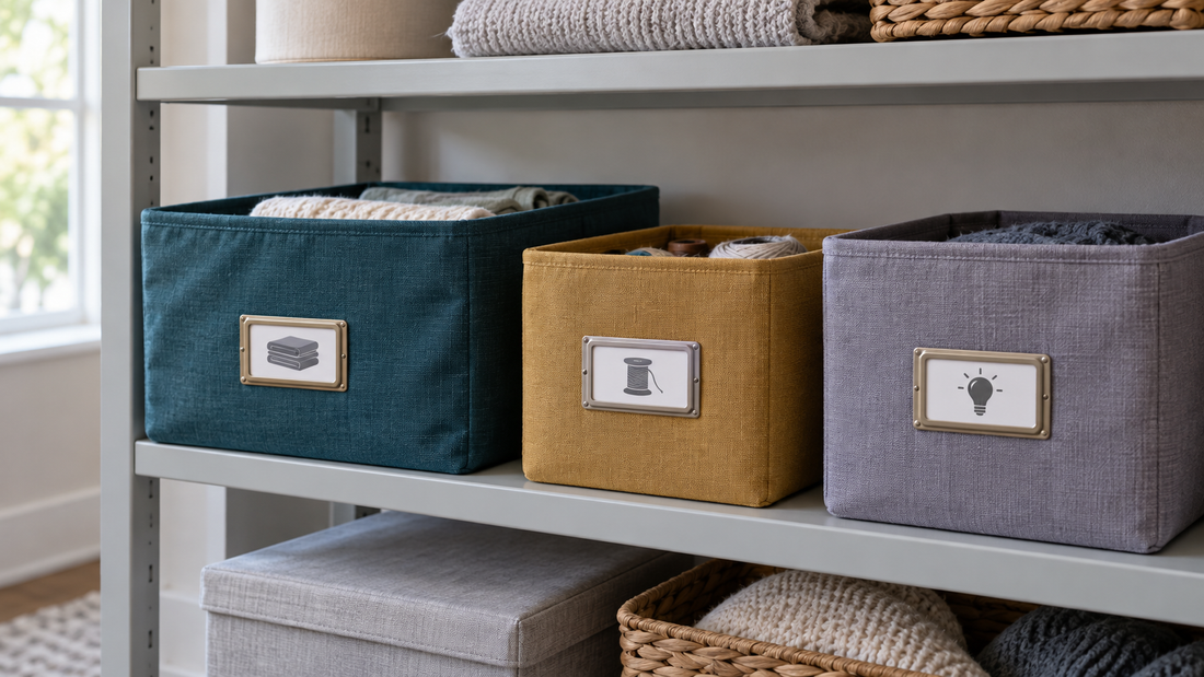 Teal, ochre, and lilac fabric bins arranged on a gray shelf with unobstructed front-facing identification icons.