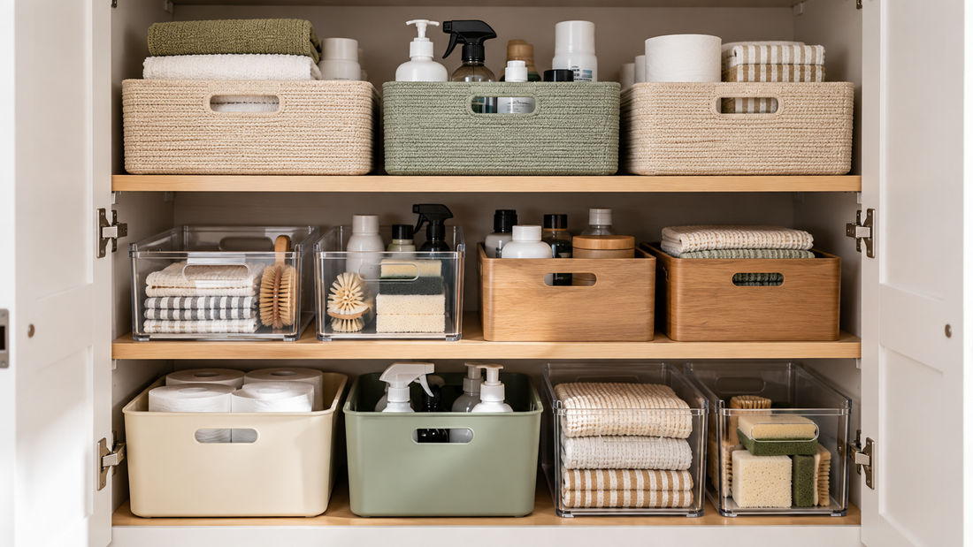 Storage cabinet organized with separate bins and baskets that keep household supplies, linens, and cleaning items in clearly defined zones.