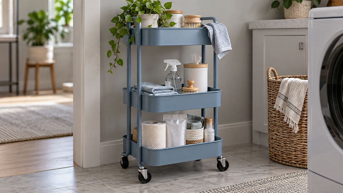 Blue rolling storage cart with frequently used cleaning supplies within easy reach and backup items on the lower shelf
