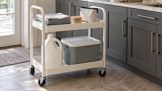 White rolling storage cart with heavy household supplies on the lower shelf and lightweight items on the upper shelf