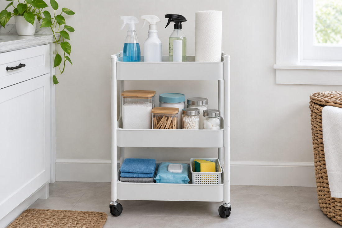 Three-tier open rolling storage cart with tall spray bottles on the top shelf medium containers and small jars on the middle shelf and shorter flat supplies on the bottom shelf
